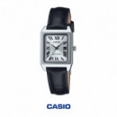 Reloj CASIO LTP-B150L-7B1 para Mujer, Analógico, Correa de Piel Negra, Esfera Blanca con Números Romanos, Resistente Al Agua