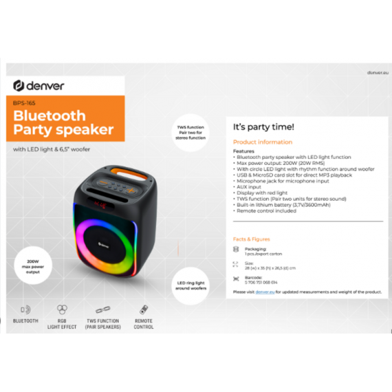 Altavoz Portátil de Fiesta Denver BPS-165 (Woofer 6.5")