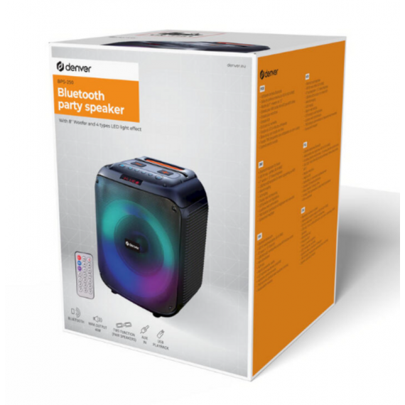 Altavoz Bluetooth Denver BPS-250 con 400W, Luces LED y Entrada para Micrófono