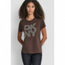 Camiseta con Logo Apilado de Strass Borde Metálico de DKNY