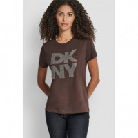 Camiseta con Logo Apilado de Strass Borde Metálico de DKNY