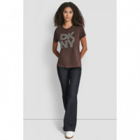 Camiseta con Logo Apilado de Strass Borde Metálico de DKNY
