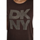 Camiseta con Logo Apilado de Strass Borde Metálico de DKNY