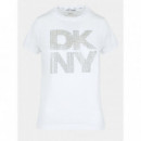 Camiseta con Logo Apilado de Strass Borde Metálico de DKNY