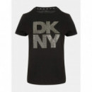 Camiseta con Logo Apilado de Strass Borde Metálico de DKNY