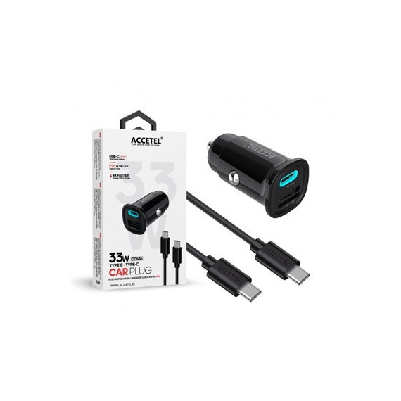 ACCETEL Cargador Coche Tipo C 33W + Cable Datos Tipo C M/m Negro CC636
