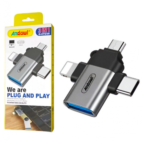 Adaptador OTG Andowl 3 en 1 con Conectores USB Tipo-C, Lightning, Micro USB y USB 3.0 Q-OTG09