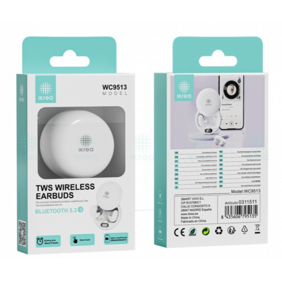Auriculares Inalámbricos Ikrea TWS Bluetooth 5.3 con Estuche de Carga Redondo Blanco WC9513