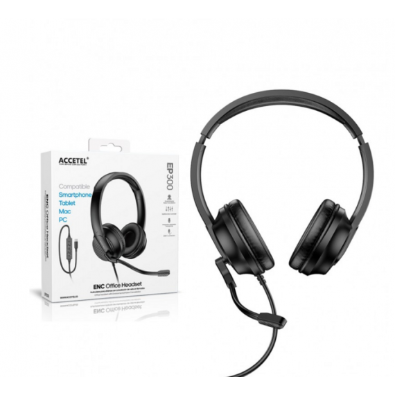 Auriculares de Oficina Accetel EP300 ENC con Micrófono y Conexión USB-C, Negros