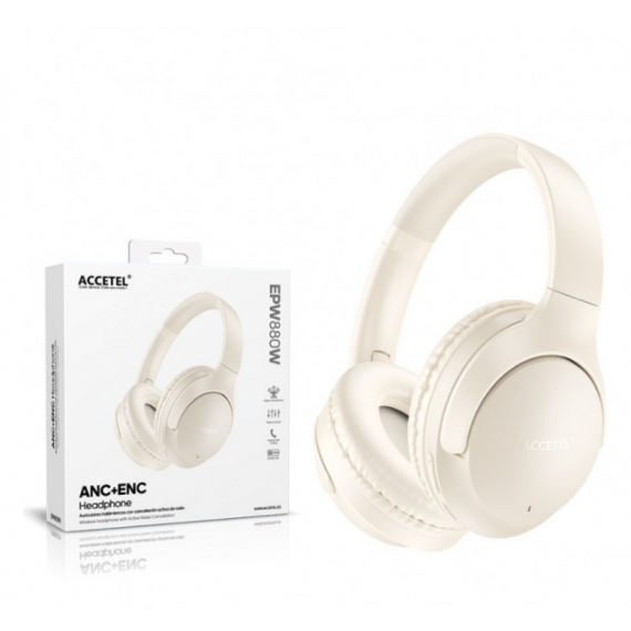 Auriculares Inalámbricos Accetel EPW880W TWS con Cancelación Activa de Ruido (ANC+ENC) y Micrófono (Blanco Crema)