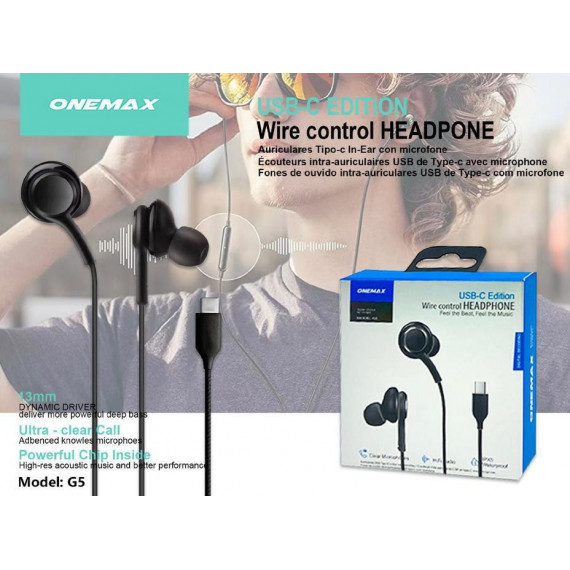 Auricular Onemax G5 con Micrófono y Conexión Tipo C Negro