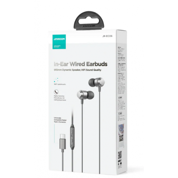 Auriculares JOYROOM JR-EC06 In-Ear con Cable USB Tipo C de Metal (10mm, Gris)