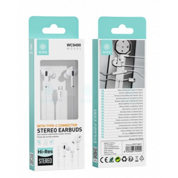 Auriculares Ikrea Hi-Res Estéreo con Goma Conector Tipo-C Blanco WC9490
