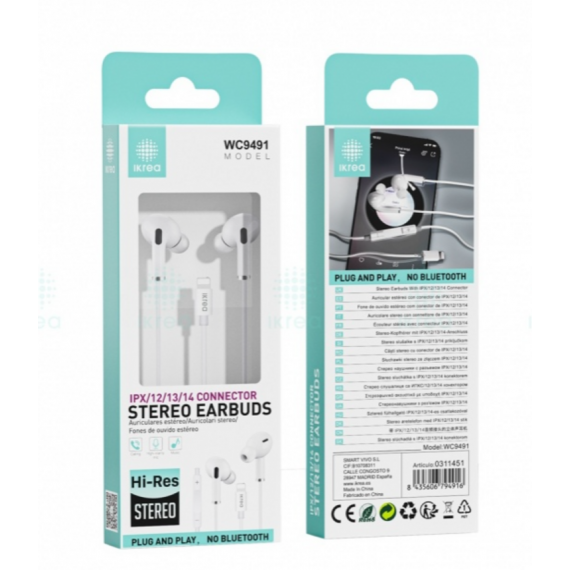 Auriculares Ikrea Hi-Res Estéreo con Conector Lightning para iPhone WC9491 - Blanco
