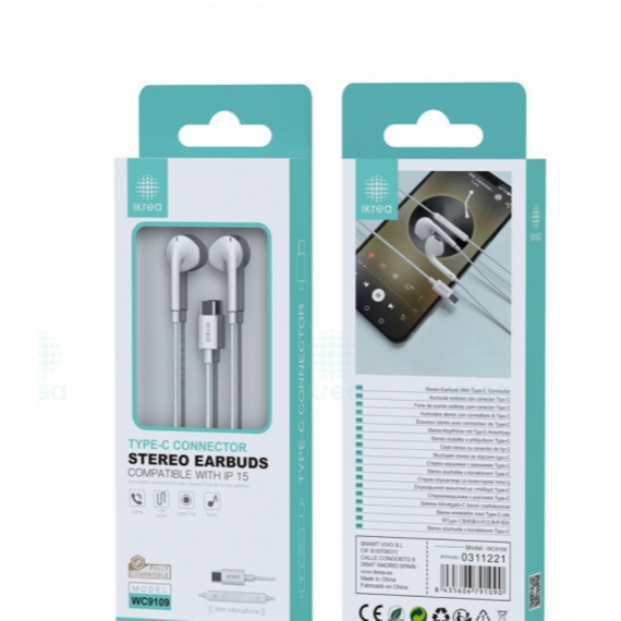 Auriculares Ikrea Estéreo In-Ear Tipo-C para iPhone 15 (1.2m, Blanco) WC9109