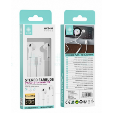 Auriculares Ikrea Hi-Res Stereo Intrauriculares con Conector Lightning para iPhone (WC9494) Blanco