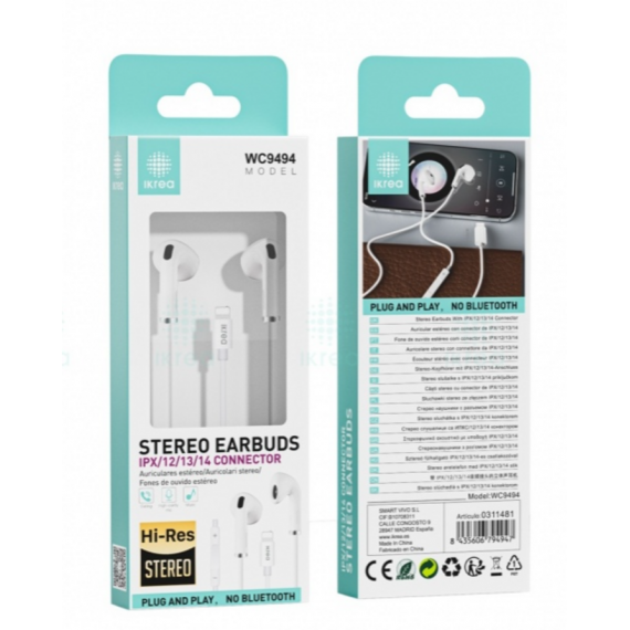Auriculares Ikrea Hi-Res Stereo Intrauriculares con Conector Lightning para iPhone (WC9494) Blanco