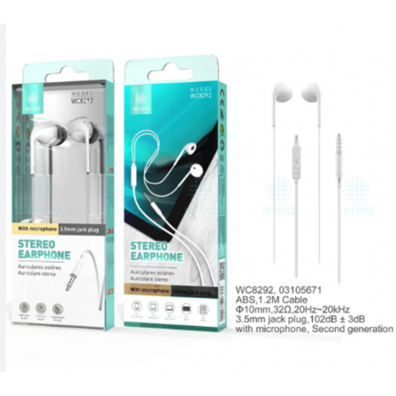 Auriculares Estéreo Ikrea con Micrófono 3.5mm Blanco WC8292