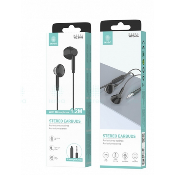 Auriculares Estéreo Ikrea con Cable Jack 3.5mm, 1.2m, Negro (WC3406)
