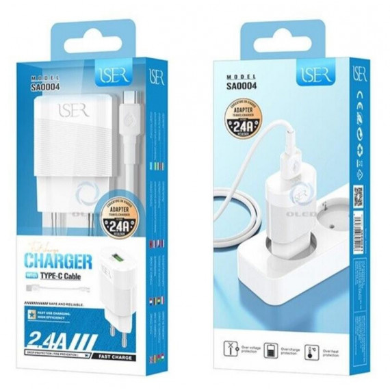 Cargador 1 USB + Cable Usb-a a Usb-c 1M ISER SA0005 2.4A Blanco