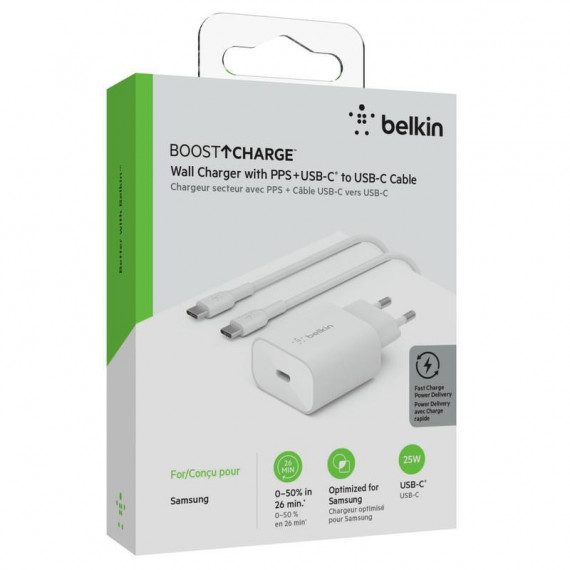 Cargador de Pared Belkin BOOST↑CHARGE™ 25W con Cable USB-C a USB-C de 1 metro (WCA004VF1MWH)
