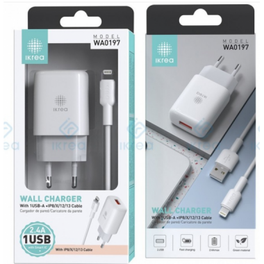 Cargador IKREA 12W/1USB Smart IC con Cable Lightning 2.4A WA0197