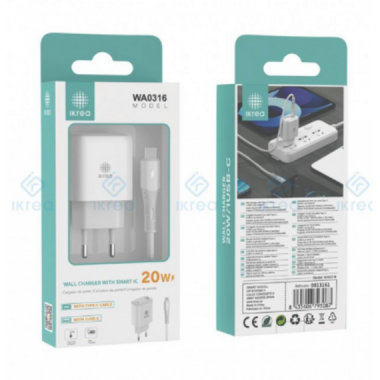 Cargador R&aacute;pido IKREA con Puerto USB-C y Cable Type-C a Type-C 20W Blanco WA0316