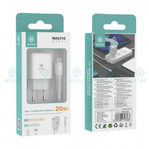 Cargador Rápido IKREA con Puerto USB-C y Cable Type-C a Type-C 20W Blanco WA0316