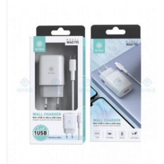 Cargador de Pared Ikrea 12W con 1 Puerto USB y Cable Micro USB WA0195