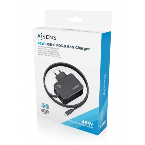 Cargador AISENS 45W USB-C PD3.0 con Cable 1.8M Negro (ASCH-1PD45WL032-BK)