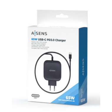 Cargador de Pared AISENS 65W USB-C PD3.0 con Cable de 1.8M Negro (ASCH-1PD65WL-BK)
