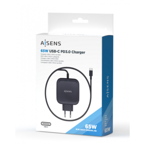 Cargador de Pared AISENS 65W USB-C PD3.0 con Cable de 1.8M Negro (ASCH-1PD65WL-BK)