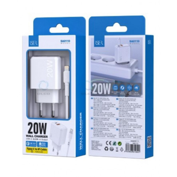 Cargador ISER Rápido 2 Puertos Usb-c/usb-a con Cable Tipo-c a Lightning 20W Blanco (SA0110)