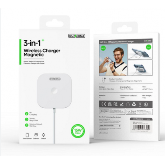 Cargador Inalámbrico Magnético Duzzona 3 en 1 Blanco para iPhone, AirPods y iWatch