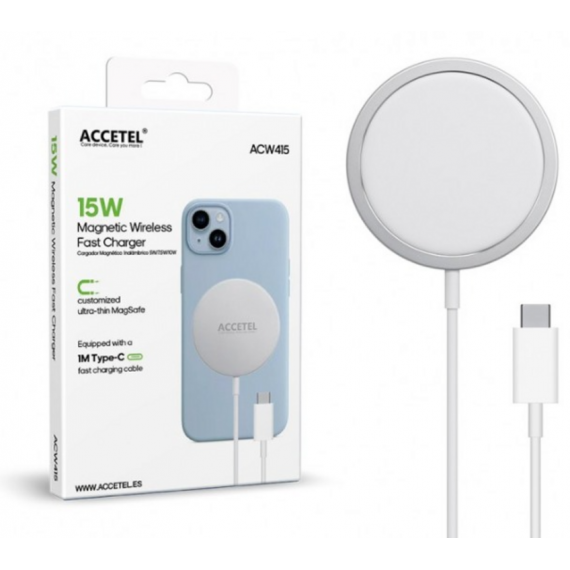 Cargador Inalámbrico Magnético Accetel ACW415 con Carga Rápida 15W y Cable USB-C 1 Metro