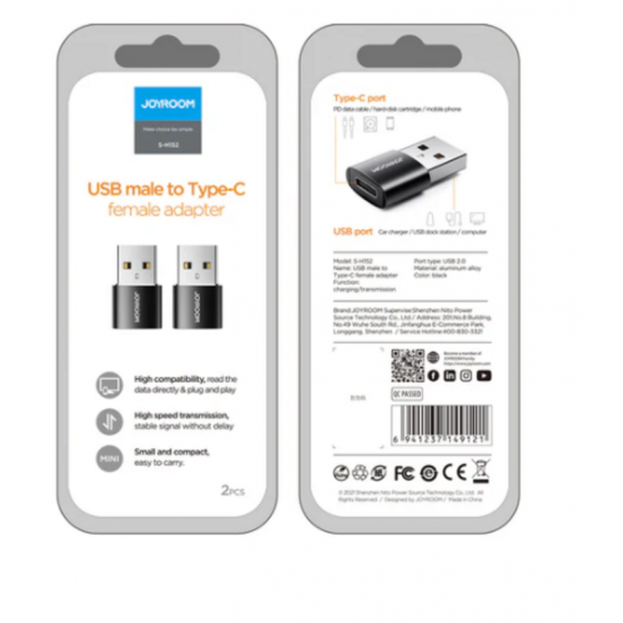 Adaptador JOYROOM USB Macho a Type-C Hembra 3.0 S-H152 (Paquete de 2)