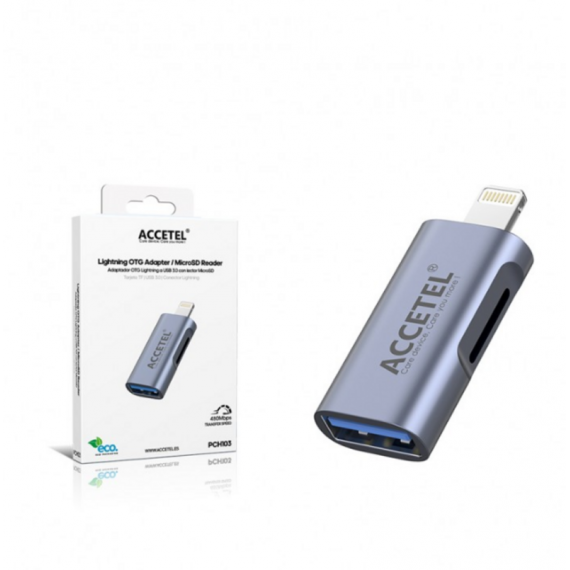Adaptador Accetel OTG Lightning a USB 3.0 con Lector Micro SD (PCH103)
