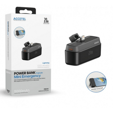 Power Bank Mini Accetel con Linterna de Emergencia, Carga R&aacute;pida 20W PD3.0, 5000mAh, Negro (PBB2413B) con Soporte