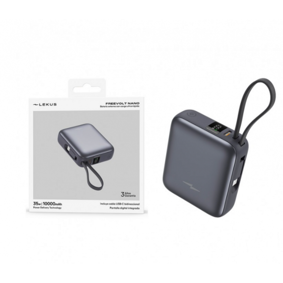 Power Bank Lekus Freevolt Nano 10000mAh 35W PD+QC3.0 con Display y Cable Incorporado USB-C Negro LKB100G