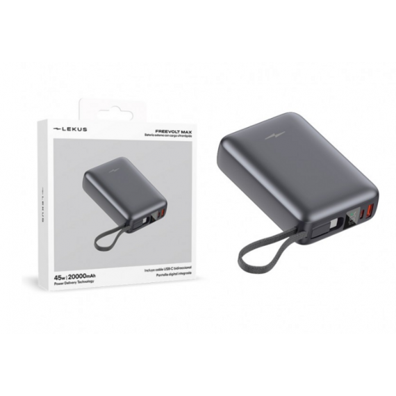 Powerbank Lekus FreeVolt Max 20000mAh 45W PD+QC3.0 con Display y Cable USB-C Incorporado LKB200G Negro