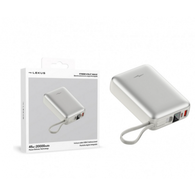 Power Bank Lekus Max Freevolt 20000 mAh 45W PD QC3.0 con Display y Cable USB-C Incorporado LKB200S Plata
