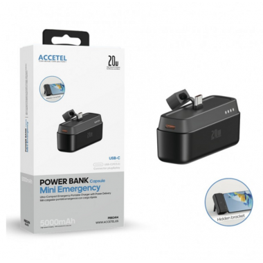 Powerbank Mini Accetel PBB2414 con Soporte Oculto, USB-C Carga R&aacute;pida 5000mAh 20W Negro