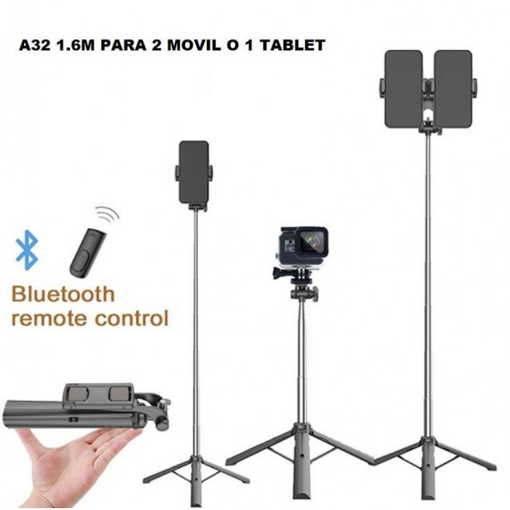 Palo Selfie y Trípode Apokin A32 con Mando Bluetooth, 1.6m (Compatible con Móvil y Tablet)