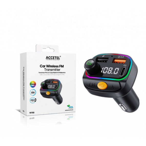 Transmisor FM Bluetooth Accetel TF701 para Coche con Carga Rápida (USB-C + 2 USB-A 35W)