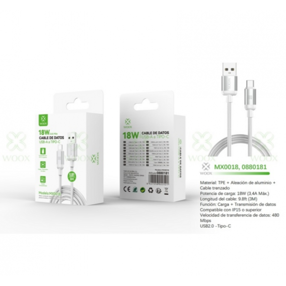 Cable de Datos Woox USB-A a Tipo-C 30W 3 Metros Blanco MX0018