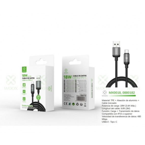 Cable de Datos WOOX USB a Tipo-c 30W 3M Negro (MX0018)