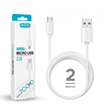Cable de Datos y Carga Accetel Micro USB 2.1A Blanco 2m (CU2605)