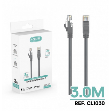 Cable de Red Accetel Internet LAN Cat6 de 3 Metros Gris CL1030