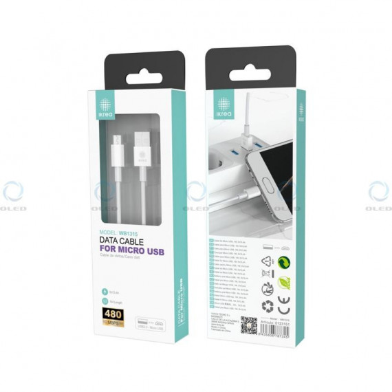 Cable de Datos IKREA Micro USB 480MBPS 5V/3.4A 1M WB1315 Blanco