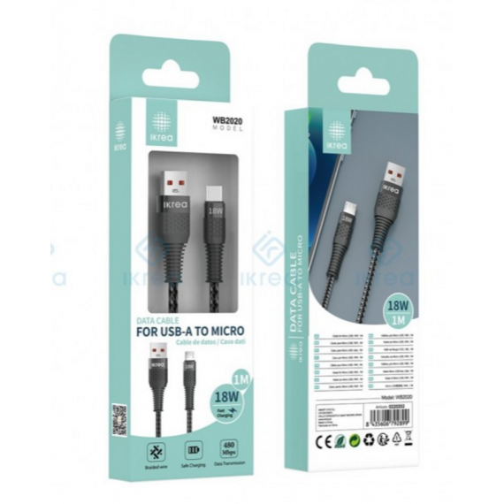 Cable de Datos IKREA Micro USB Carga Rápida 18W 1m Negro WB2020